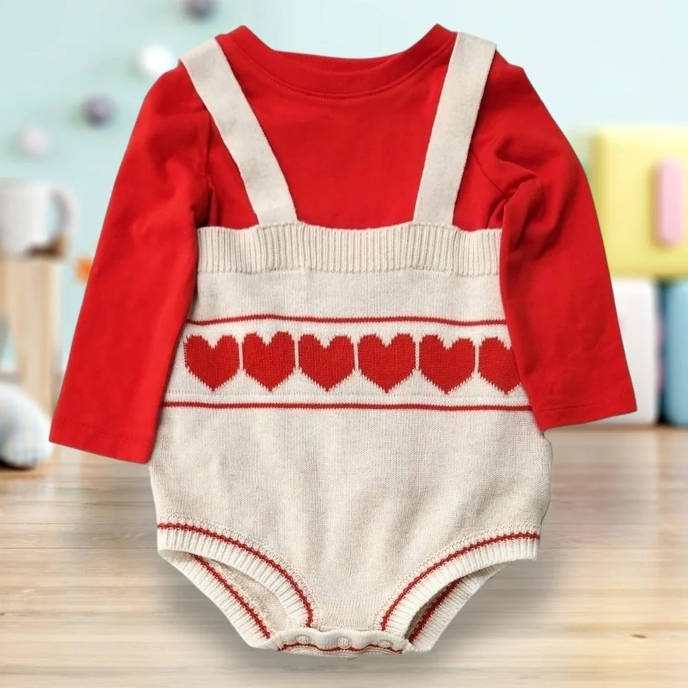 Cat & Jack Red and Cream Heart Knit Romper